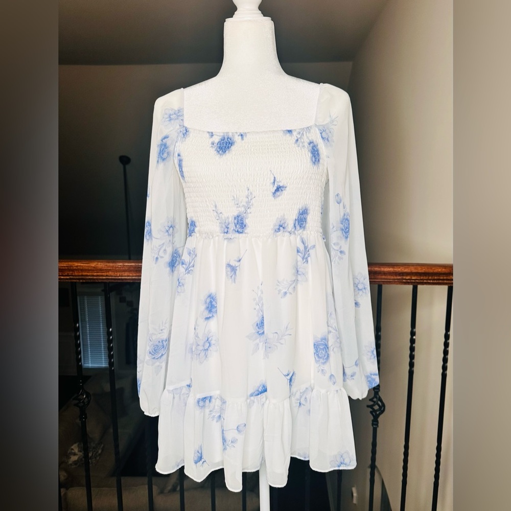 Streetwear Society White Dress with Blue Floral Accents